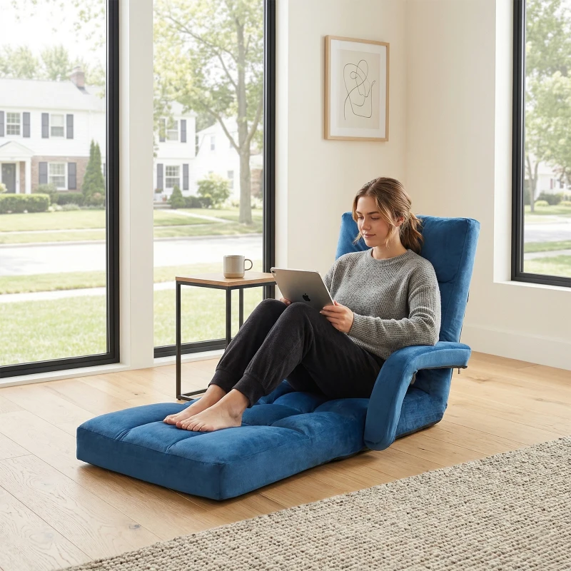 Folding Floor Chair with 14 Precision Adjustment Levels, Practical Floor Lounger for Reading, Gaming, or Relaxing, 20.5"L x 39.5"W x 25.5"H, Blue