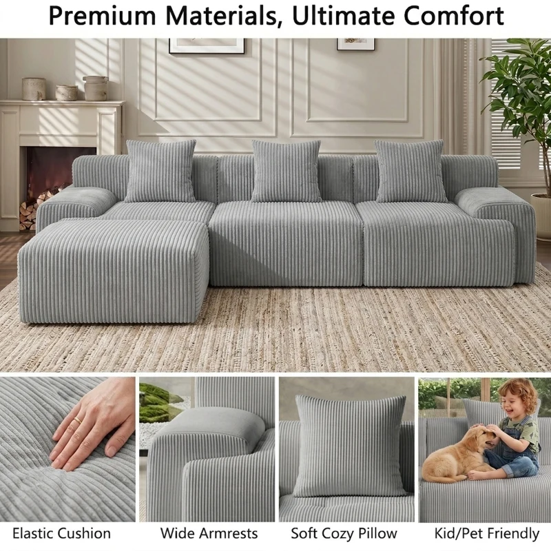 Modern Modular Compressed Sofa with Movable Ottoman, Memory-Foam Corner Couch for Apartments and Bedrooms, 118"L x 39.5"W x 29.5"H, Light Gray