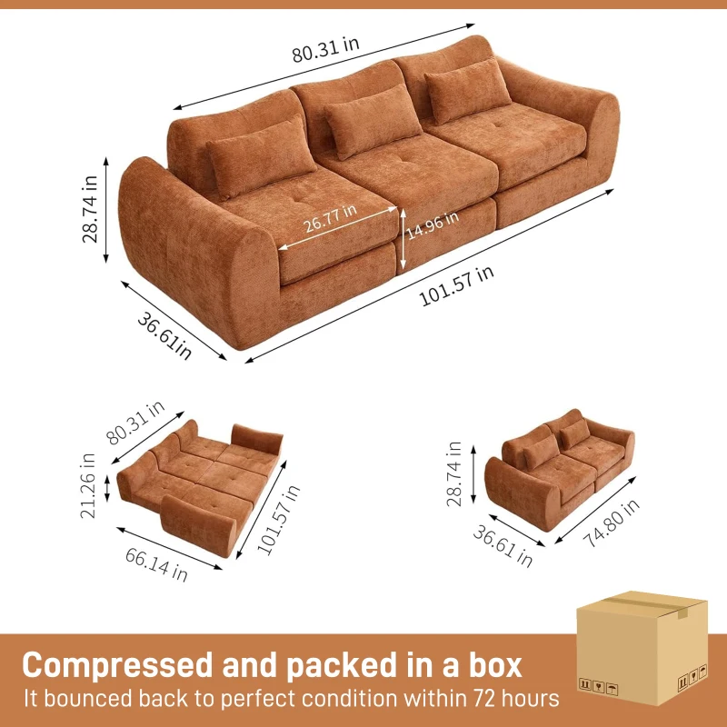 Cozy Compressed Sofa with Customizable Modular Layouts, Flexible Bed Couch for Both Compact and Spacious Spaces, 101.5"L x 36.5"W x 28.5"H, Orange