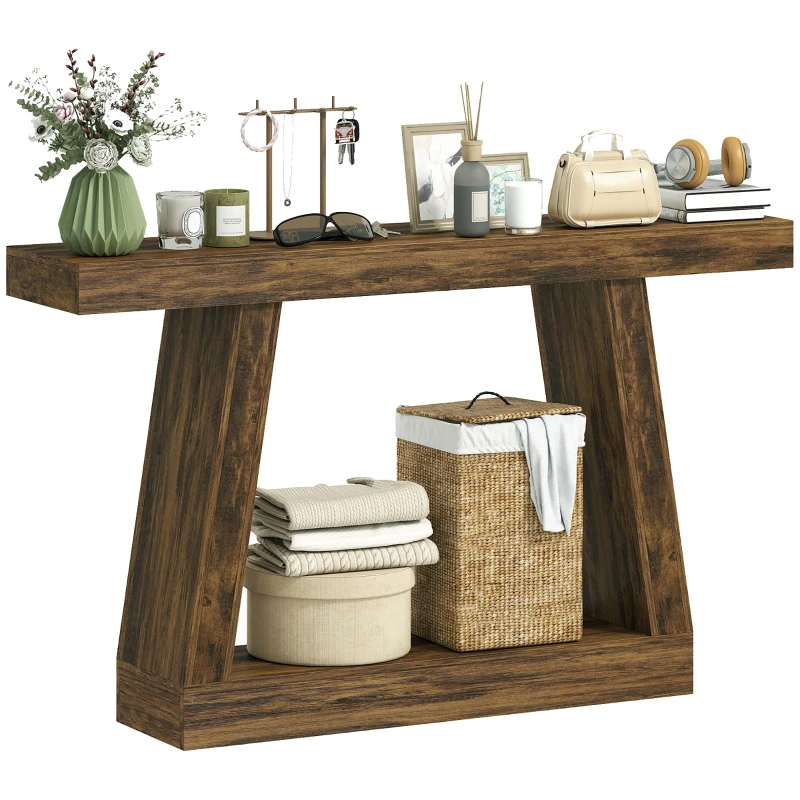 HOMCOM 55" Farmhouse Console Table, 2-Tier Entryway Table with Storage for Hallway, Living Room, Behind Couch, Rustic Brown