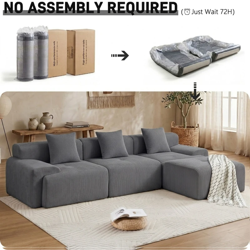 Modern Modular Compressed Sofa with Movable Ottoman, Memory-Foam Corner Couch for Apartments and Bedrooms, 118"L x 39.5"W x 29.5"H, Dark Gray