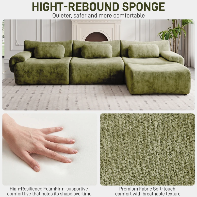 L-Shaped Compressed Sofa with High-Density Chenille Fabric and Supportive Backrests, Stylish Couch with Boneless Construction, 126"L x 68.5"W x 32"H, Green