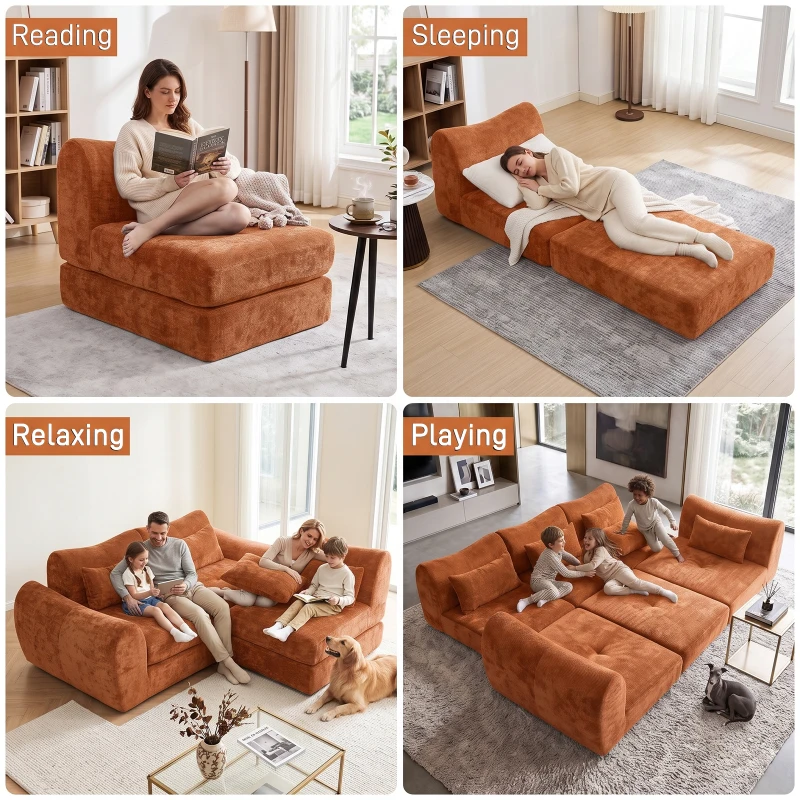 Cozy Compressed Sofa with Customizable Modular Layouts, Flexible Bed Couch for Both Compact and Spacious Spaces, 101.5"L x 36.5"W x 28.5"H, Orange