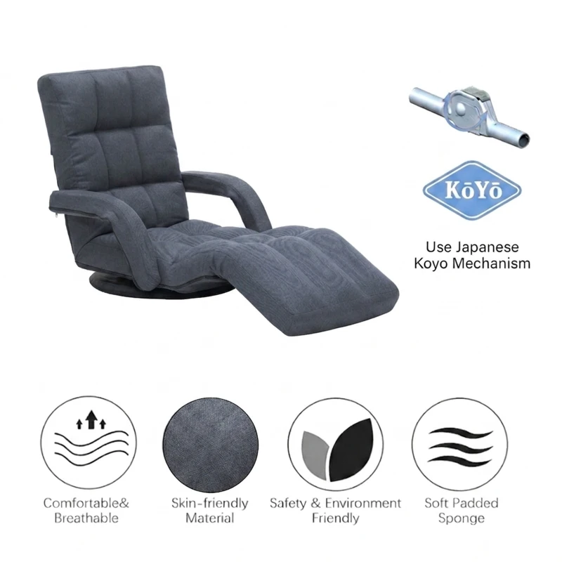 Swivel Gaming Chair with Adjustable Footrest, Ideal Floor Lounger for Living Room, Bedroom, or Gaming Setup, 20.5"L x 39.5"W x 26"H, Gray