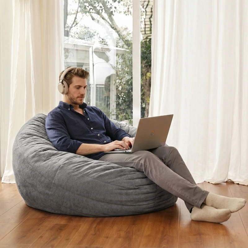 Soft Velvet Bean Bag Sofa with High-Resilience Foam, Cozy Lounge Chair for Living Rooms, 48" L x 36" W x 20" H, Antique Grey