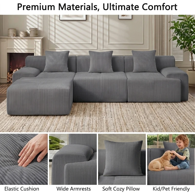 Modern Modular Compressed Sofa with Movable Ottoman, Memory-Foam Corner Couch for Apartments and Bedrooms, 118"L x 39.5"W x 29.5"H, Dark Gray