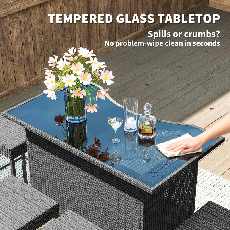 Outsunny 5 Piece Rattan Wicker Bar Set, High Top Outdoor Table and Chairs, Bar Height Patio Set, 2 Shelves & 4 Bar Stools, Gray