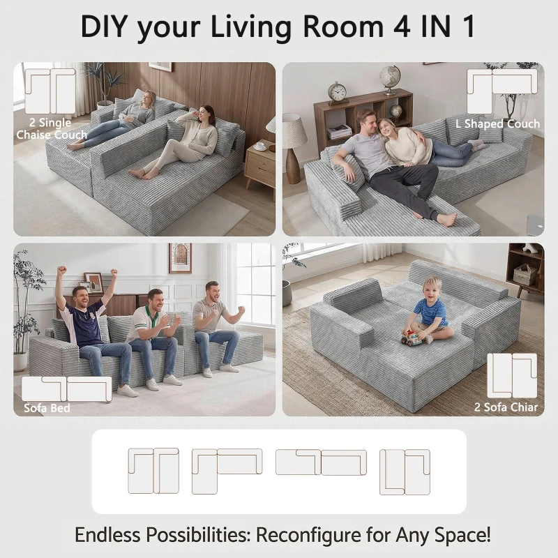Cozy L-Shaped Compressed Sofa with 1400 lbs Weight Capacity and Cloud-Like Memory Foam, Spacious Couch for Big Families, 108"L x 68"W x 33"H, Gray
