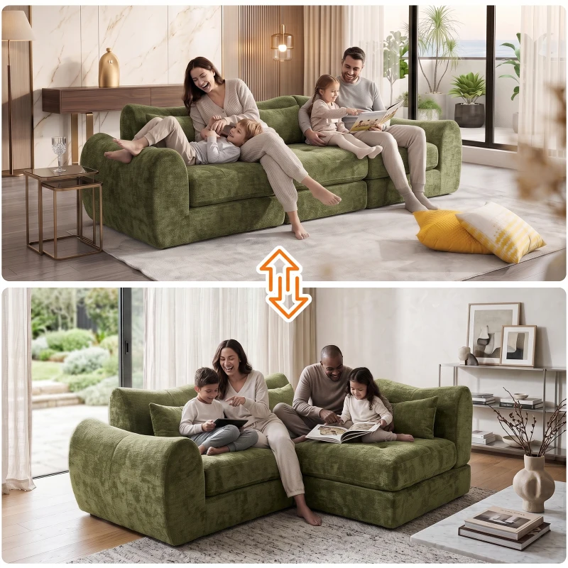 Cozy Compressed Sofa with Customizable Modular Layouts, Flexible Bed Couch for Both Compact and Spacious Spaces, 101.5"L x 36.5"W x 28.5"H, Green