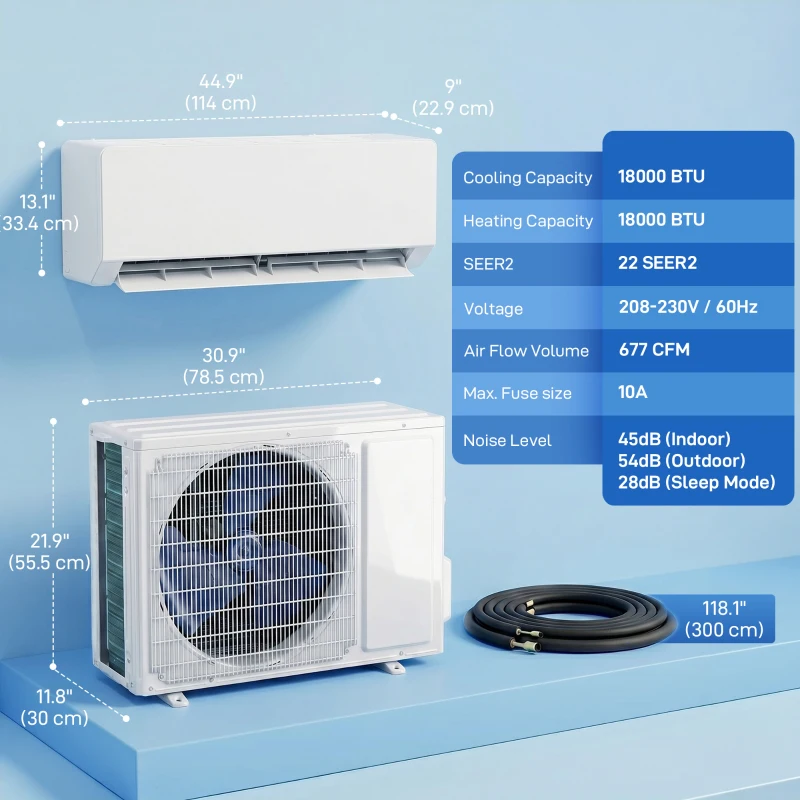 HOMCOM 18000 BTU Mini Split Air Conditioner, 22 SEER2 230V Wifi Enabled Inverter AC Unit & Heat Pump Cools up to 1250 Sq. Ft