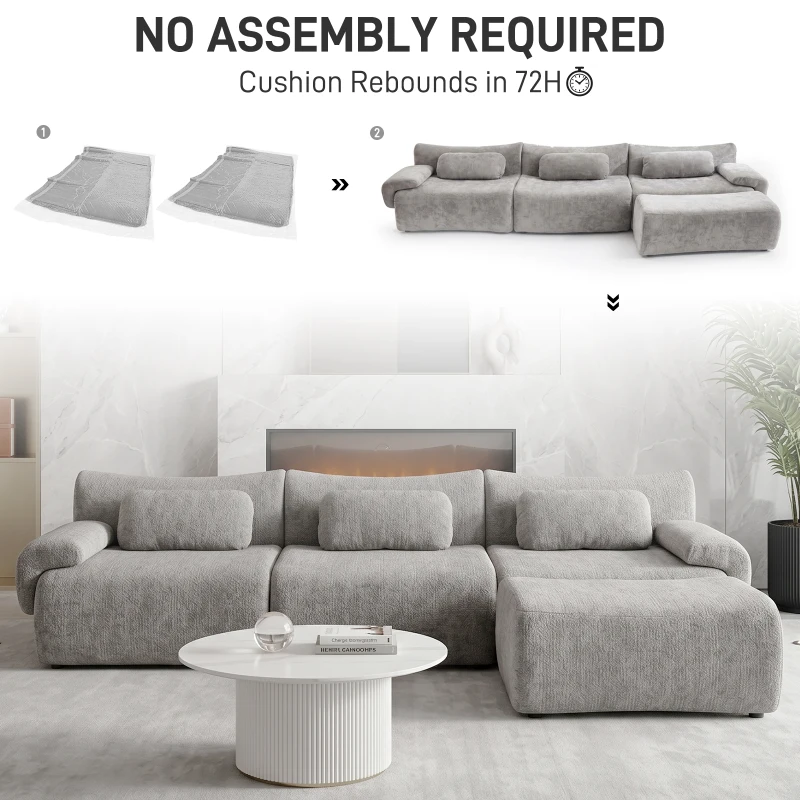 L-Shaped Compressed Sofa with High-Density Chenille Fabric and Supportive Backrests, Stylish Couch with Boneless Construction, 126"L x 68.5"W x 32"H, Gray