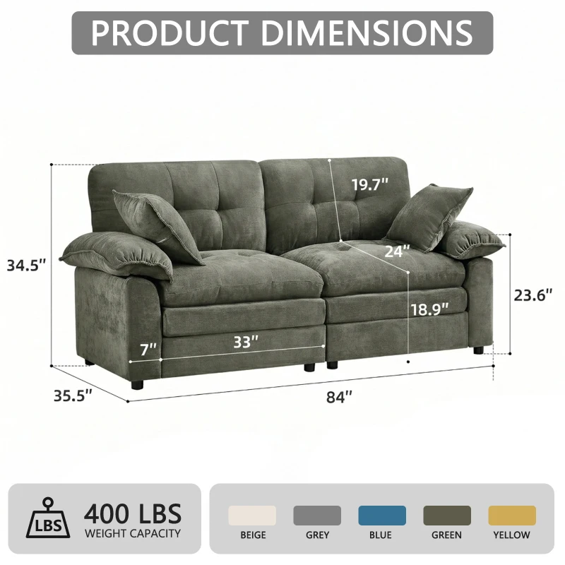 Modular Cloud Sofa with Soft Chenille Fabric, Cozy 2-Seater Couch for Apartments, Bedrooms, and Small Offices, 84"L x 35.5"W x 34.5"H, Green