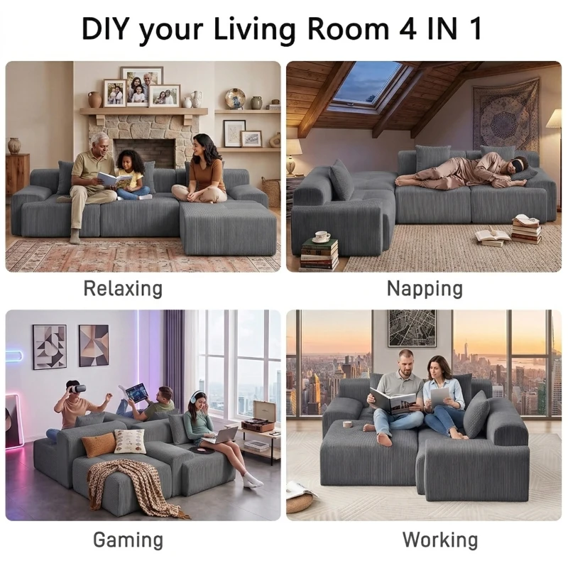Modern Modular Compressed Sofa with Movable Ottoman, Memory-Foam Corner Couch for Apartments and Bedrooms, 118"L x 39.5"W x 29.5"H, Dark Gray