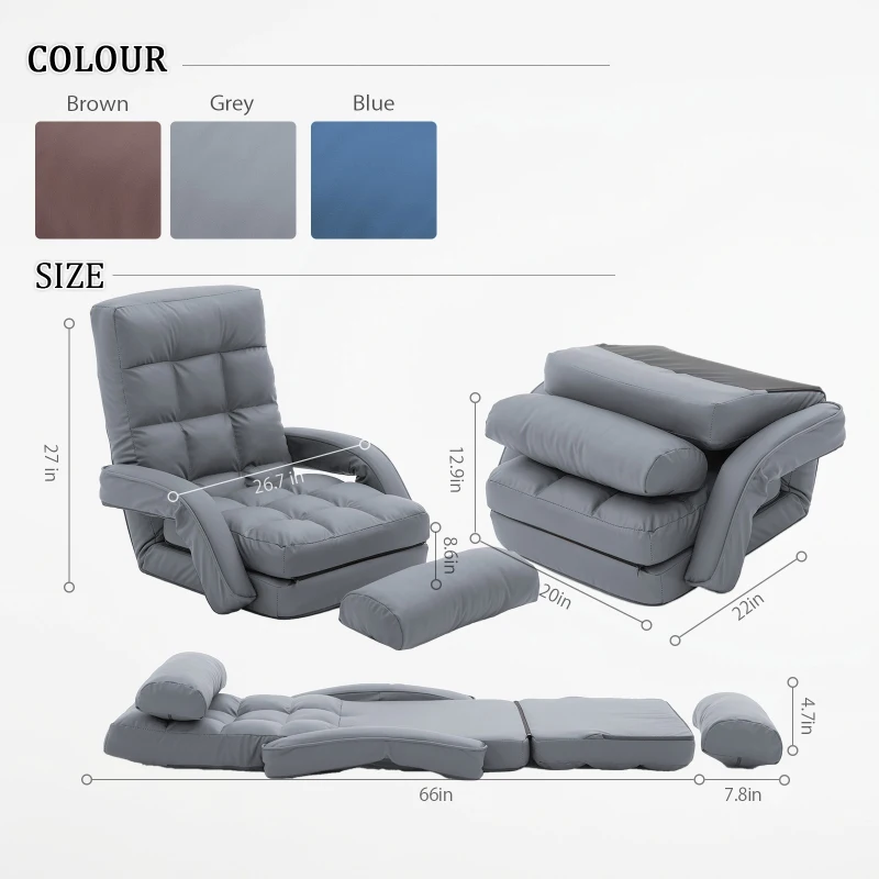 Cozy Floor Chair with 14 Adjustable Positions, Foldable Lazy Lounger for Home Offices and Gaming Rooms, 26.5"L x 22"W x 27"H, Gray