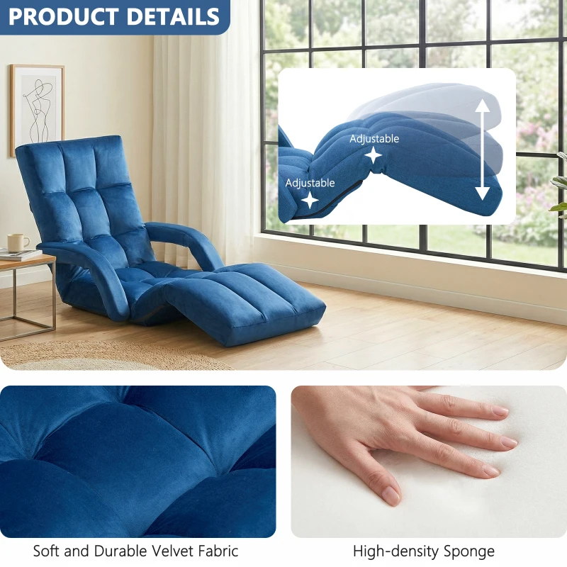 Folding Floor Chair with 14 Precision Adjustment Levels, Practical Floor Lounger for Reading, Gaming, or Relaxing, 20.5"L x 39.5"W x 25.5"H, Blue