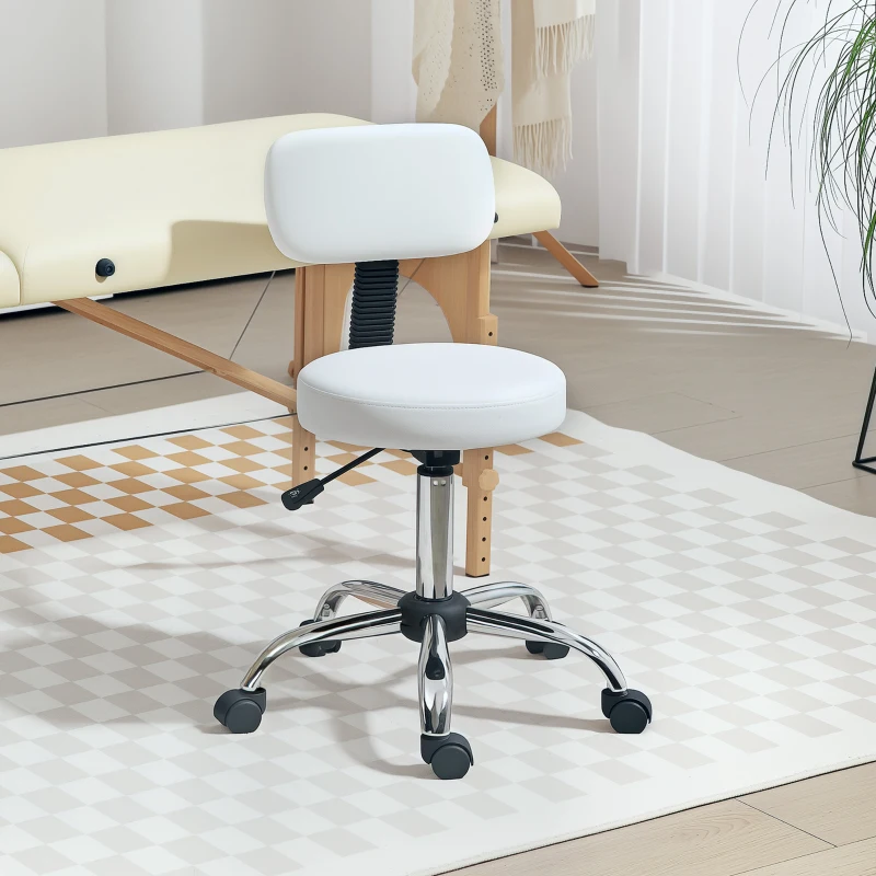HOMCOM Adjustable Rolling Stool with Removable Backrest, Faux Leather Swivel Stool Chair for Salon Spa, Bar, Massage, White