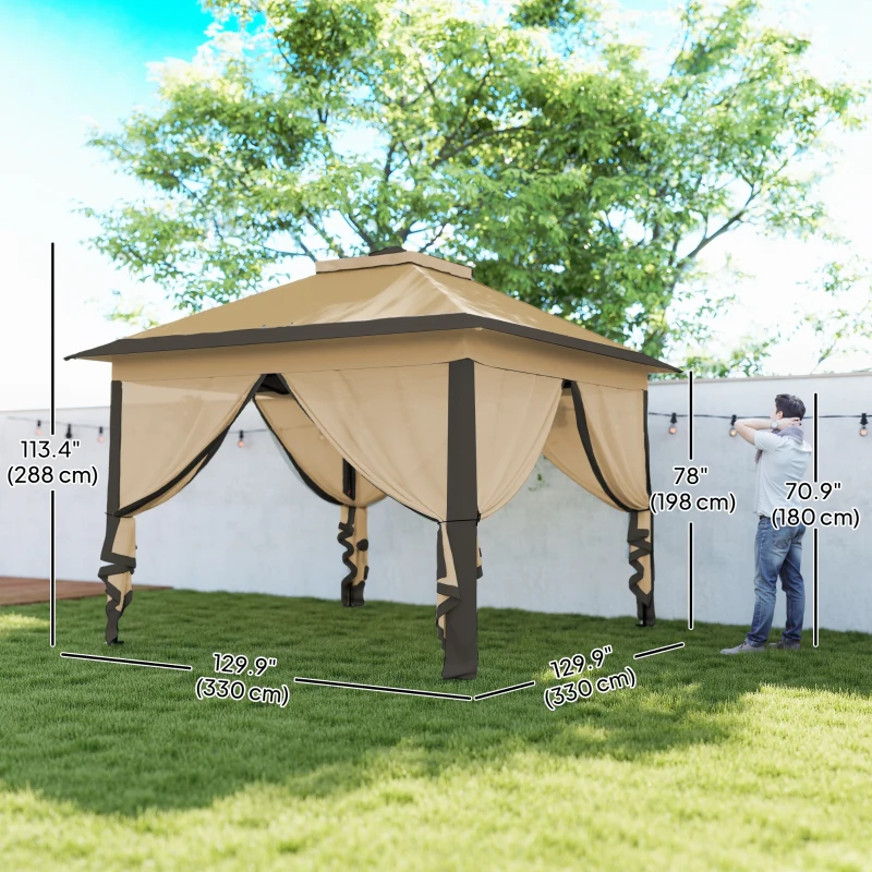 Outsunny 11' x 11' Pop Up Gazebo, Double Roof Foldable Height Adjustable Canopy Tent with Mesh Sidewalls, Carrying Bag, Beige