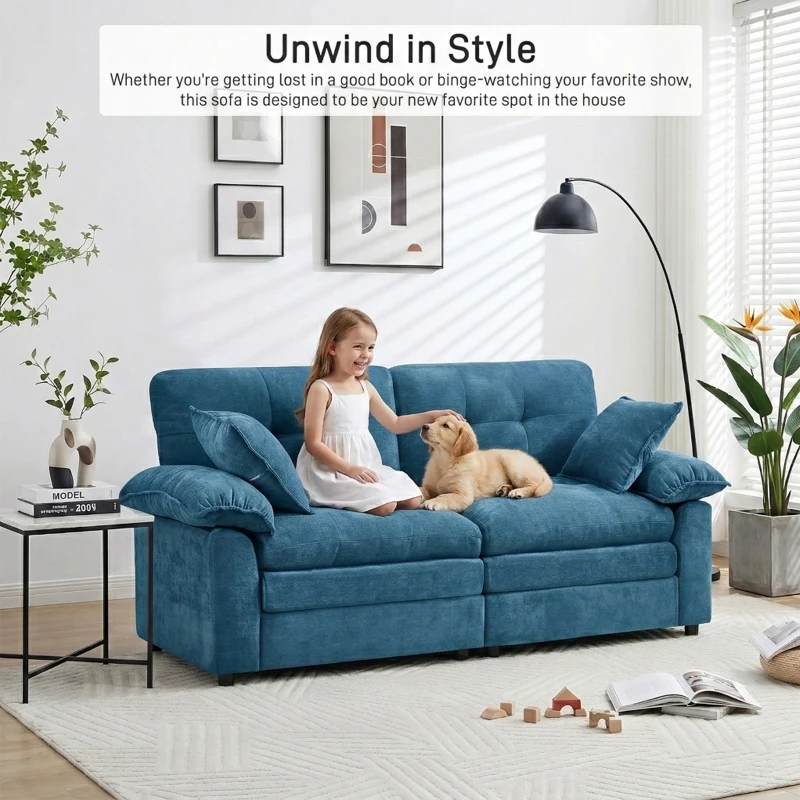 Modular Cloud Sofa with Soft Chenille Fabric, Cozy 2-Seater Couch for Apartments, Bedrooms, and Small Offices, 84"L x 35.5"W x 34.5"H, Blue