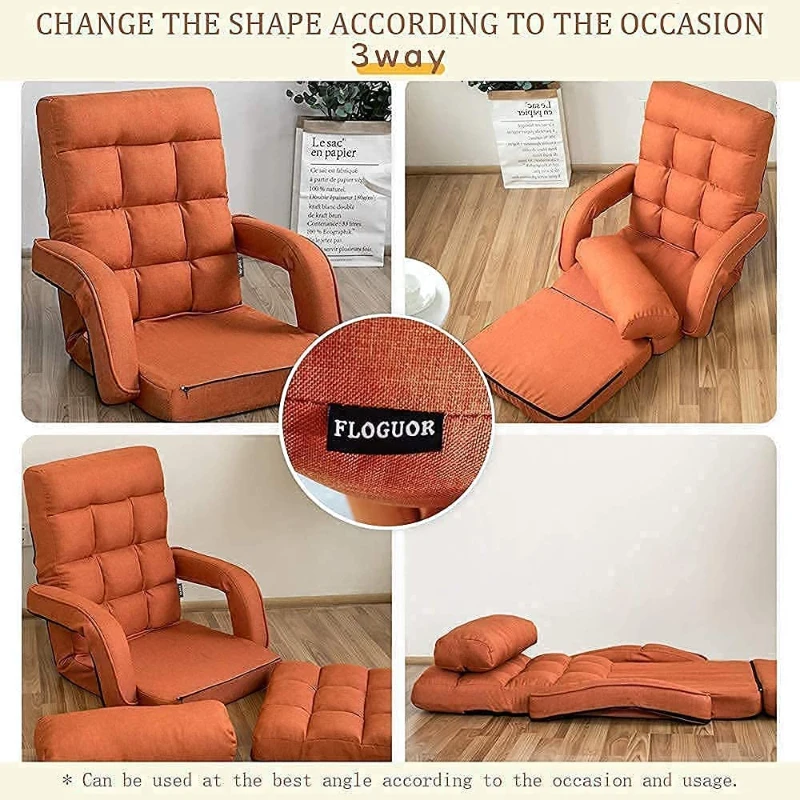 Cozy Floor Chair with 14 Adjustable Positions, Foldable Lazy Lounger for Home Offices and Gaming Rooms, 26.5"L x 22"W x 27"H, Orange