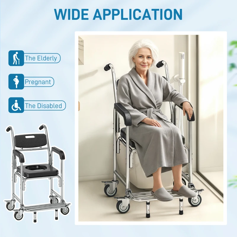 HOMCOM 3-in-1 Shower Commode Wheelchair, Transport Beside Commode Chair with Padded Seat for the Elderly, Disabled
