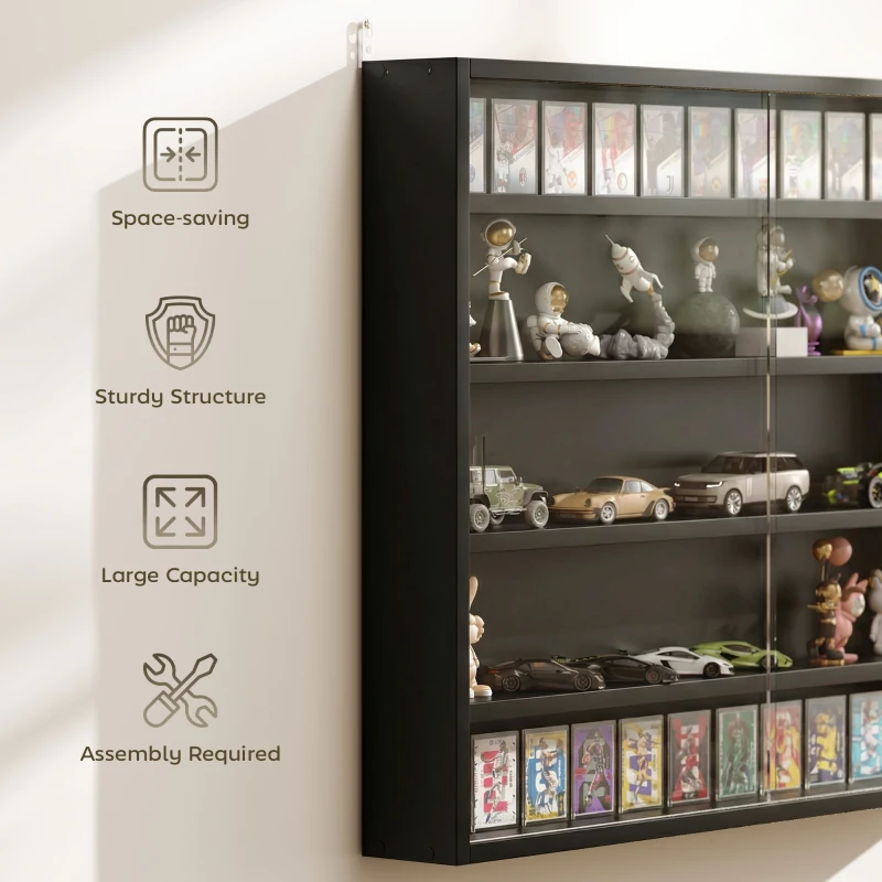 HOMCOM 5-Tier Display Cabinet, Wall-Mounted Display Case with 2 Glass Doors and Adjustable Shelves, Jet Black