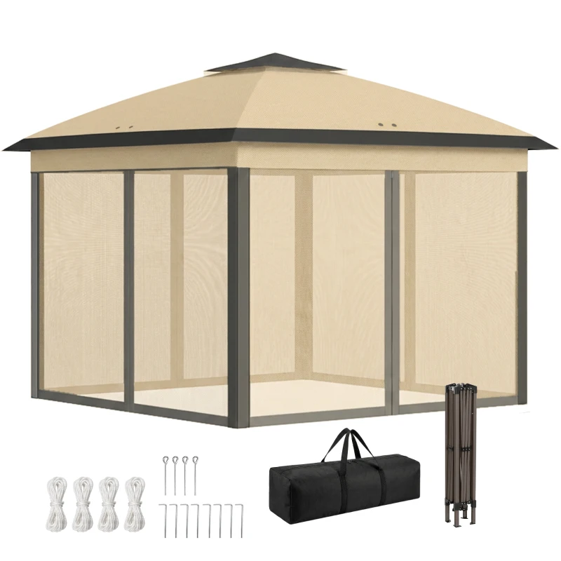 Outsunny 11' x 11' Pop Up Gazebo, Double Roof Foldable Height Adjustable Canopy Tent with Mesh Sidewalls, Carrying Bag, Beige