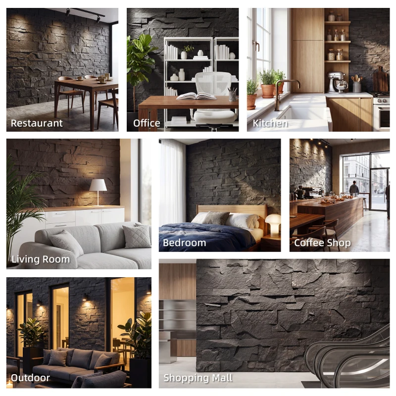 HOMCOM 8-Pack 3D Faux Stone Wall Panels, Lightweight Polyurethane Panels for Interior and Exterior Accent Walls, Black