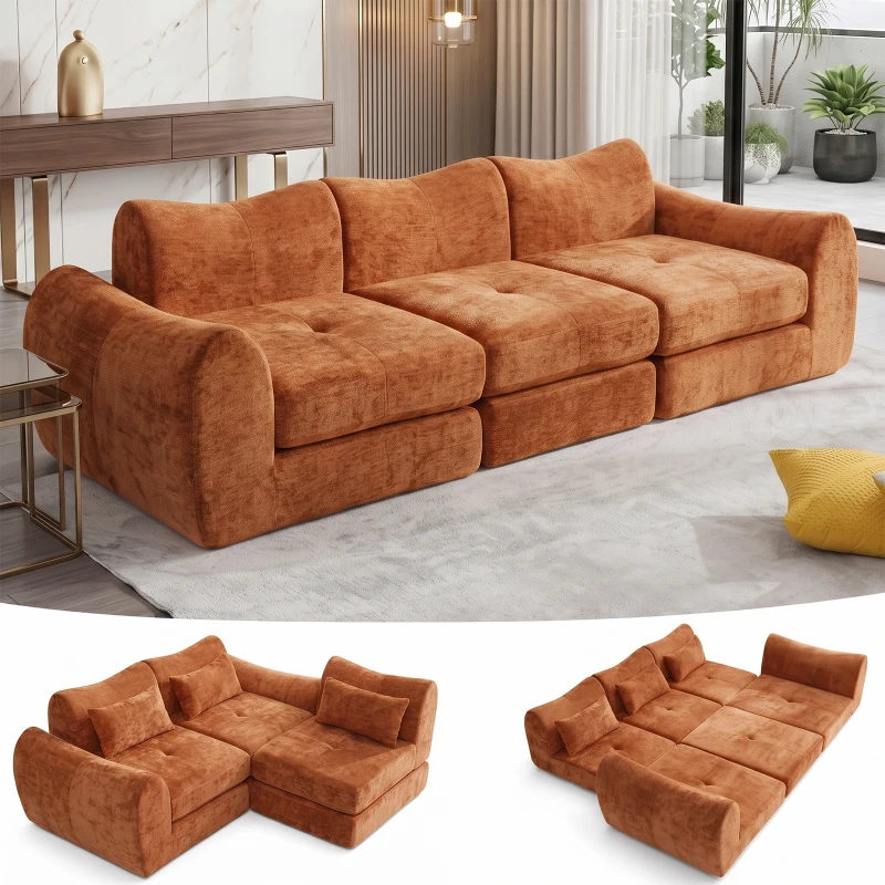 Cozy Compressed Sofa with Customizable Modular Layouts, Flexible Bed Couch for Both Compact and Spacious Spaces, 101.5"L x 36.5"W x 28.5"H, Orange