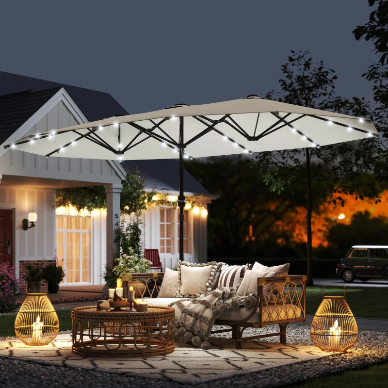 Outsunny 173" Double-Sided Sun Umbrella Garden Parasol Patio Sun Shade Outdoor with LED Solar Light, Cream White