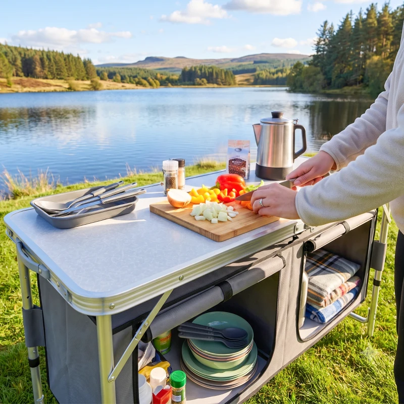 Outsunny Outdoor Aluminum Folding Picnic Table Height Adjustable with Storage Organizer BBQ Camping