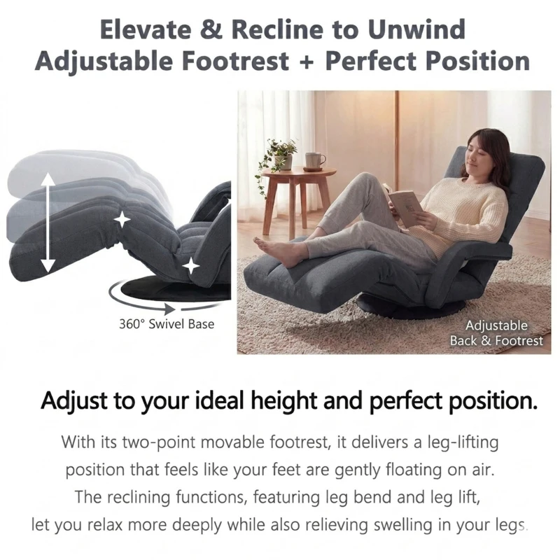 Swivel Gaming Chair with Adjustable Footrest, Ideal Floor Lounger for Living Room, Bedroom, or Gaming Setup, 20.5"L x 39.5"W x 26"H, Gray