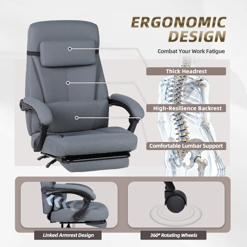 Solid Office Chair with Retractable Footrest and Ergonomic Support, Cozy Executive Seat for Home, Office, or Gaming, 28.5"L x 29"W x 50.5"H, Grey