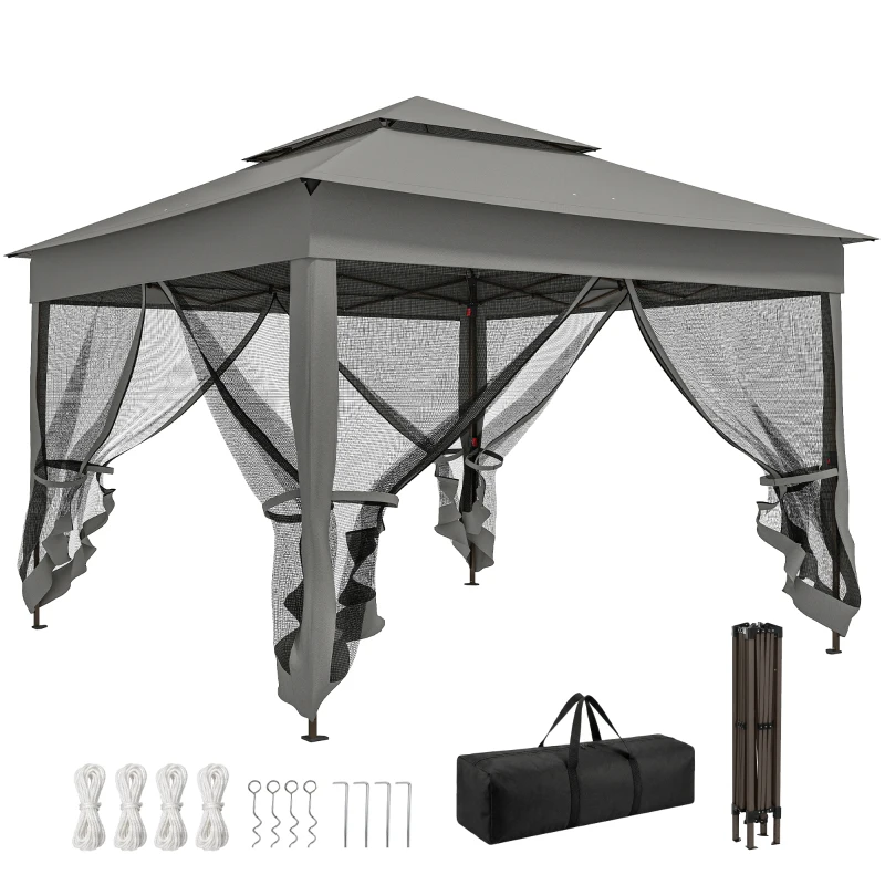 Outsunny 11' x 11' Pop Up Gazebo 2-Tier Soft Top Shelter Event Tent w/ Netting Carry Bag for Patio Backyard Garden, Dark Grey