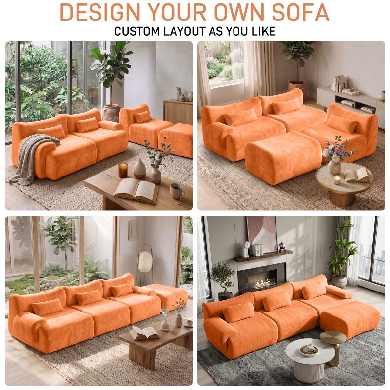 L-Shaped Compressed Sofa with High-Density Chenille Fabric and Supportive Backrests, Stylish Couch with Boneless Construction, 126"L x 68.5"W x 32"H, Orange