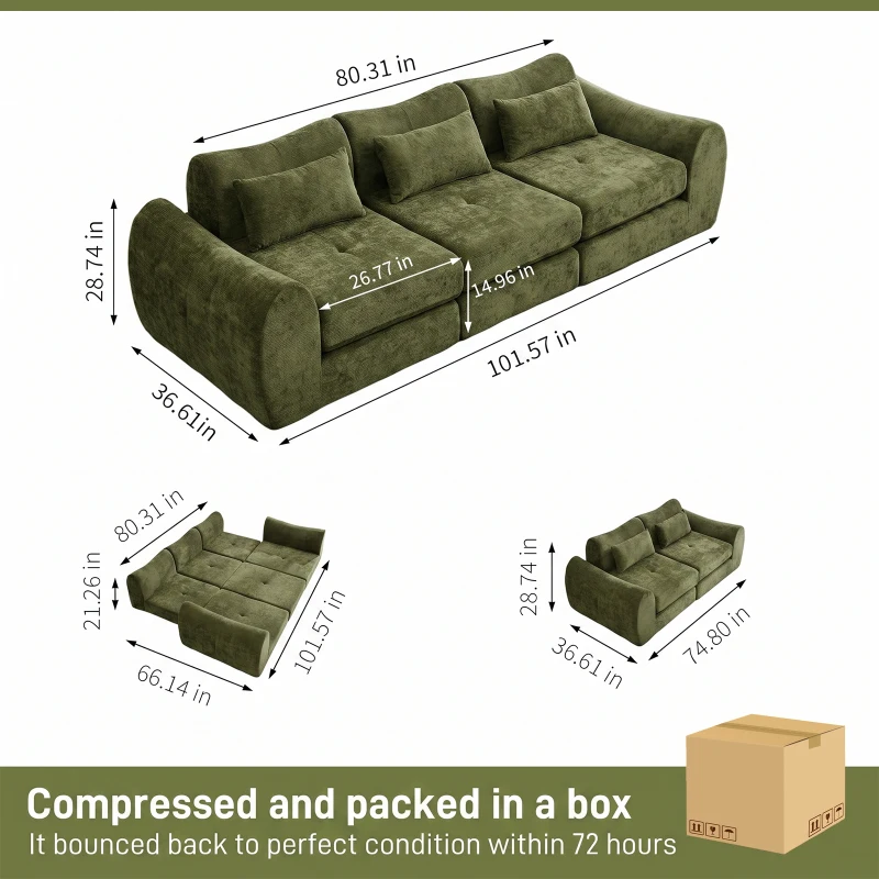 Cozy Compressed Sofa with Customizable Modular Layouts, Flexible Bed Couch for Both Compact and Spacious Spaces, 101.5"L x 36.5"W x 28.5"H, Green