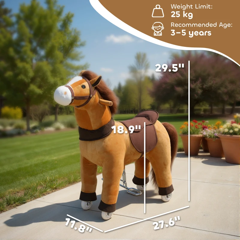 Qaba Ride on Horse, Plush Riding Pony for Ages 3-5, Walking Horse Animal with Wheels for Active Play, Dark Brown