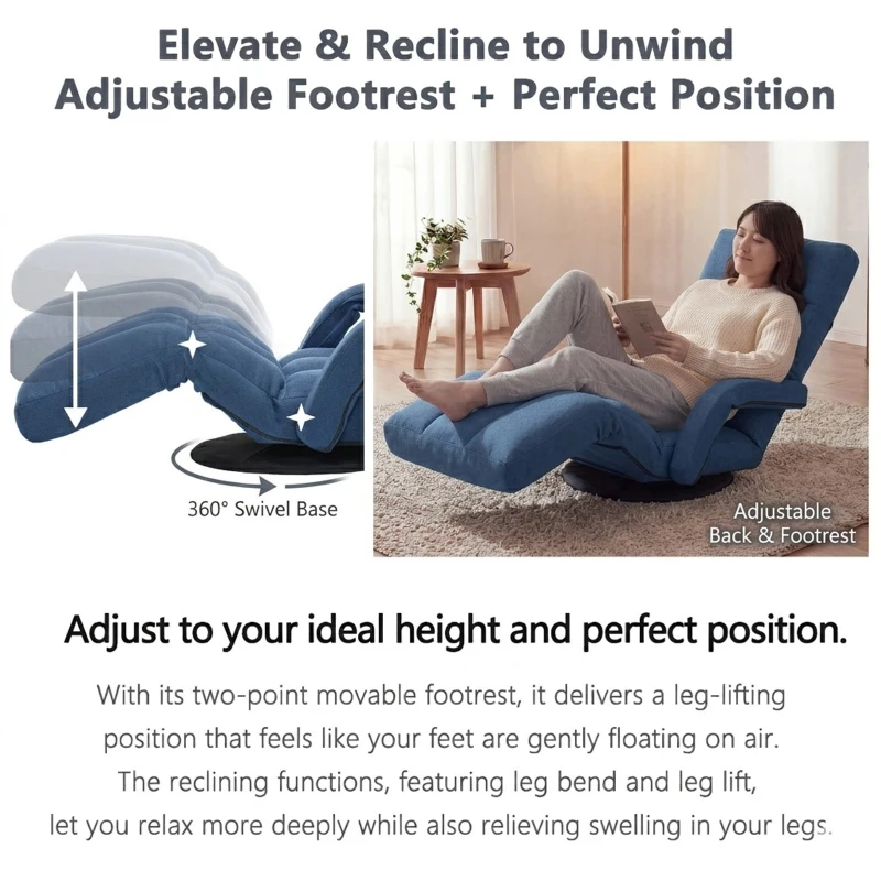 Swivel Gaming Chair with Adjustable Footrest, Ideal Floor Lounger for Living Room, Bedroom, or Gaming Setup, 20.5"L x 39.5"W x 26"H, Blue