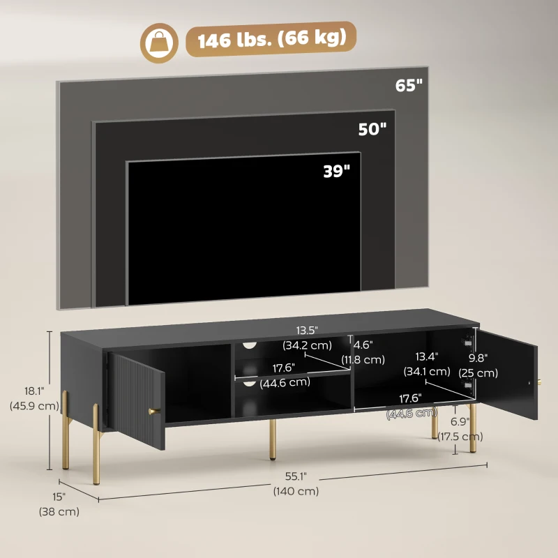HOMCOM TV Stand for TVs up to 65", Entertainment Center with 2 Open Shelves, 2 Cabinets and Steel Legs for Living Room, Black