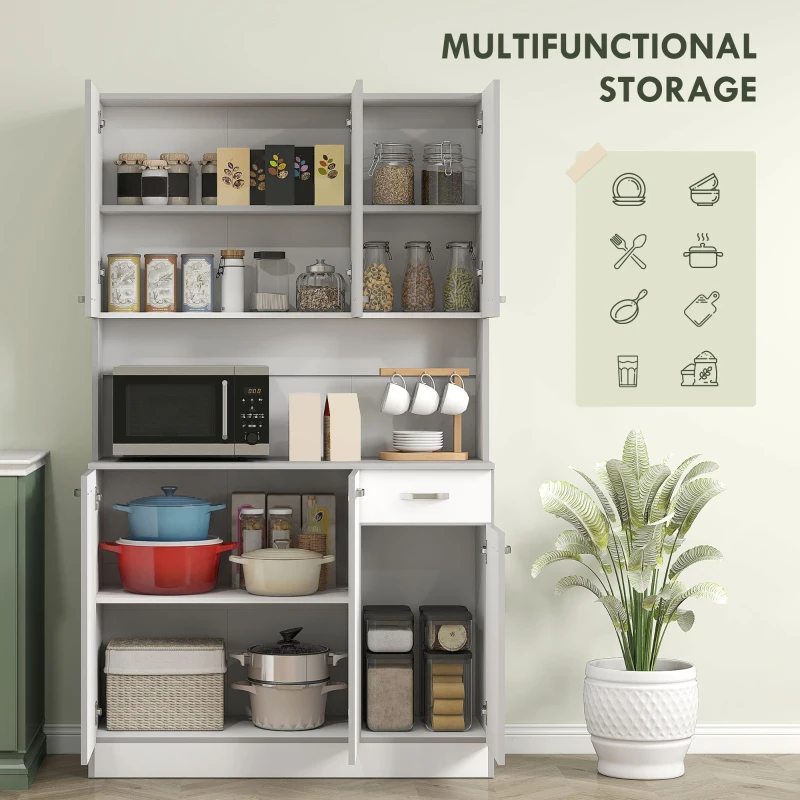 HOMCOM 71" Modern Buffet with Hutch, Standing Kitchen Hutch with Storage Cabinets, Drawer, Open Space with Microwave Stand, White