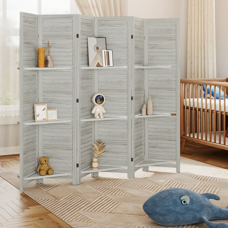 HOMCOM 6 Panel 67" Tall Wood Privacy Screen Room Divider with 3 Shelves and Folding Storage for Bedroom, White