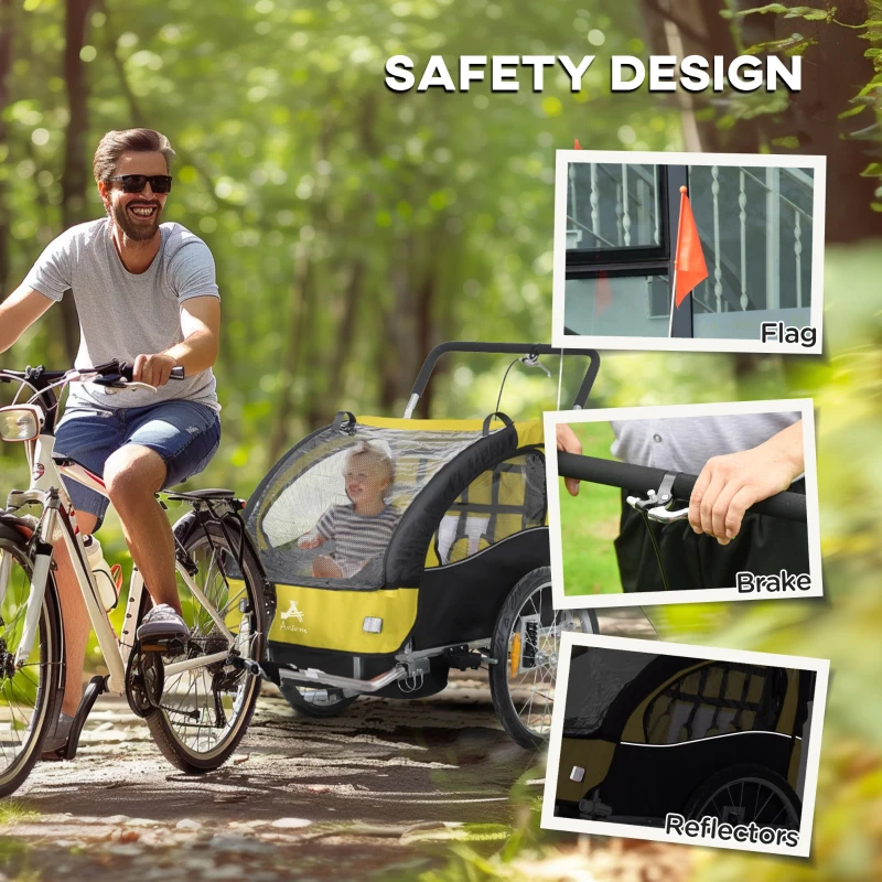 Aosom 2-Seat Elite 360 Swivel Bike Trailer for Kids Bicycle Cargo Trailer with Water-Resistant Windows, Yellow