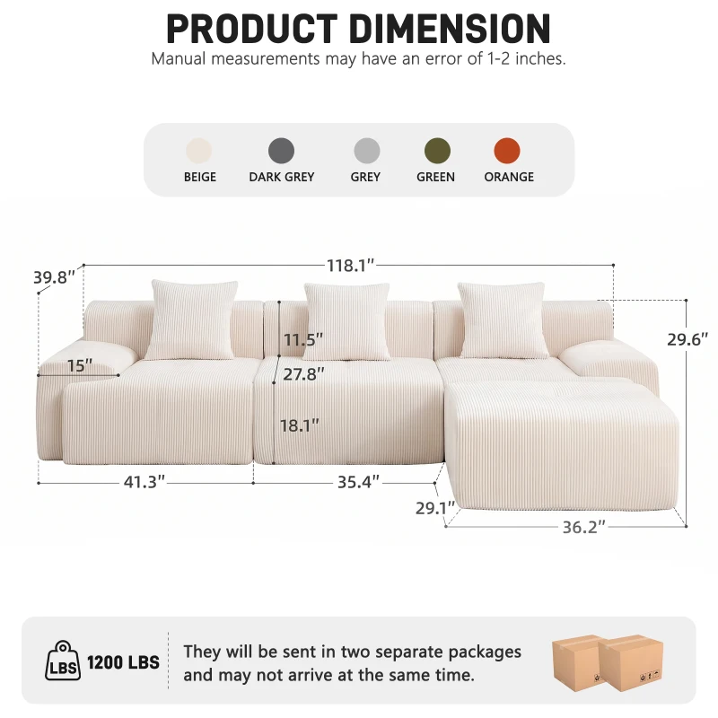 Modern Modular Compressed Sofa with Movable Ottoman, Memory-Foam Corner Couch for Apartments and Bedrooms, 118"L x 39.5"W x 29.5"H, Beige