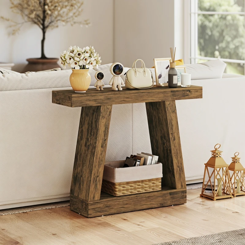 HOMCOM 42" Farmhouse Console Table, 2-Tier Entryway Table with Storage for Hallway, Living Room, Behind Couch, Rustic Brown