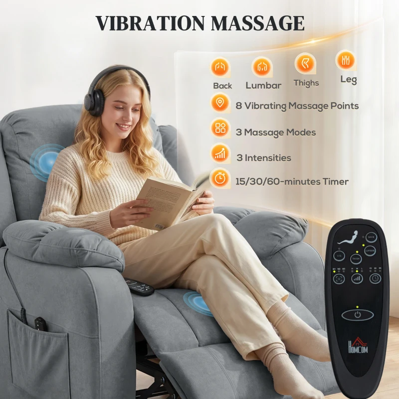 HOMCOM Massage Recliner Chair with Quiet Brushless Motor Pet-Friendly Fabric Power Recliner with 2 Memory Positions Grey