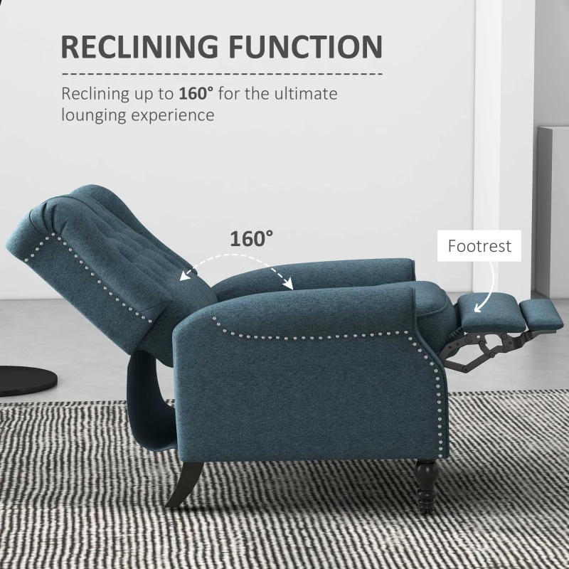 HOMCOM Wingback Reclining Chair with Footrest, Button Tufted Recliner Chair with Rolled Armrests for Living Room, Blue