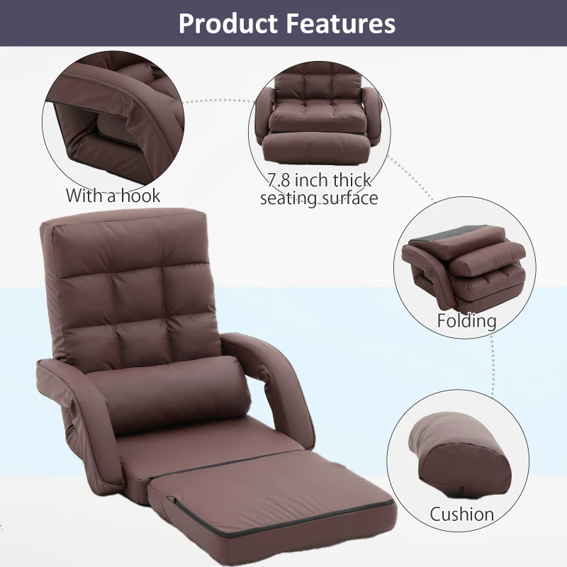 Cozy Floor Chair with 14 Adjustable Positions, Foldable Lazy Lounger for Home Offices and Gaming Rooms, 26.5"L x 22"W x 27"H, Brown