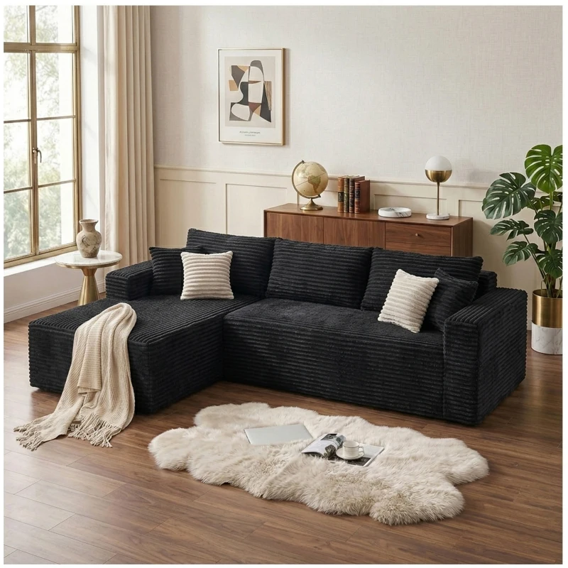Cozy L-Shaped Compressed Sofa with 1400 lbs Weight Capacity and Cloud-Like Memory Foam, Spacious Couch for Big Families, 108"L x 68"W x 33"H, Black