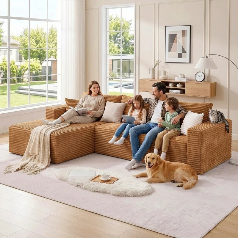 Cozy L-Shaped Compressed Sofa with 1400 lbs Weight Capacity and Cloud-Like Memory Foam, Spacious Couch for Big Families, 108"L x 68"W x 33"H, Brown