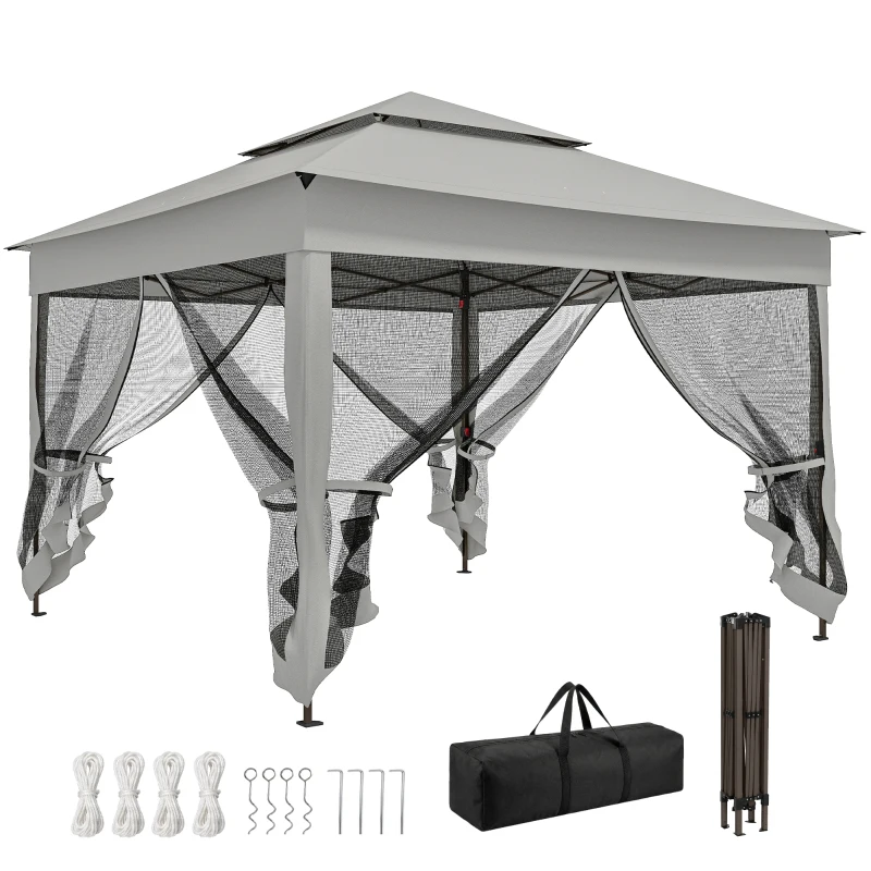 Outsunny 11' x 11' Pop Up Gazebo 2-Tier Soft Top Shelter Event Tent w/ Netting Carry Bag for Patio Backyard Garden, Light Grey