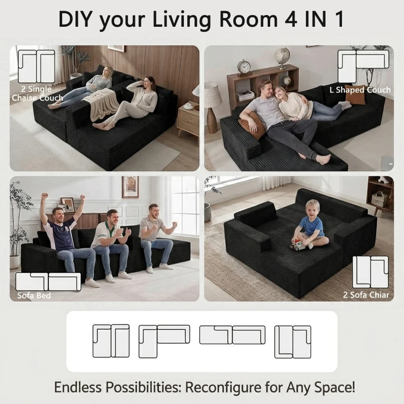 Cozy L-Shaped Compressed Sofa with 1400 lbs Weight Capacity and Cloud-Like Memory Foam, Spacious Couch for Big Families, 108"L x 68"W x 33"H, Black